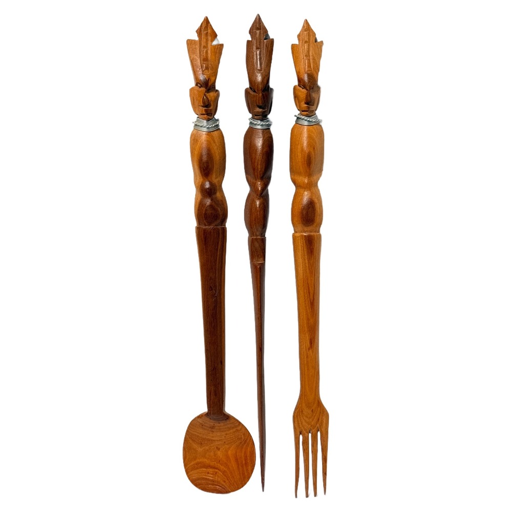 Vintage Hand Carved Tribal Wood Salad Serving Set Fork Spoon Skewer 3pc‎ 14.5in